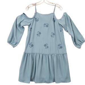 Xhilaration Blue Mini Dress Embroidered Floral 3/4 Cold Shoulder Sleeves Women S